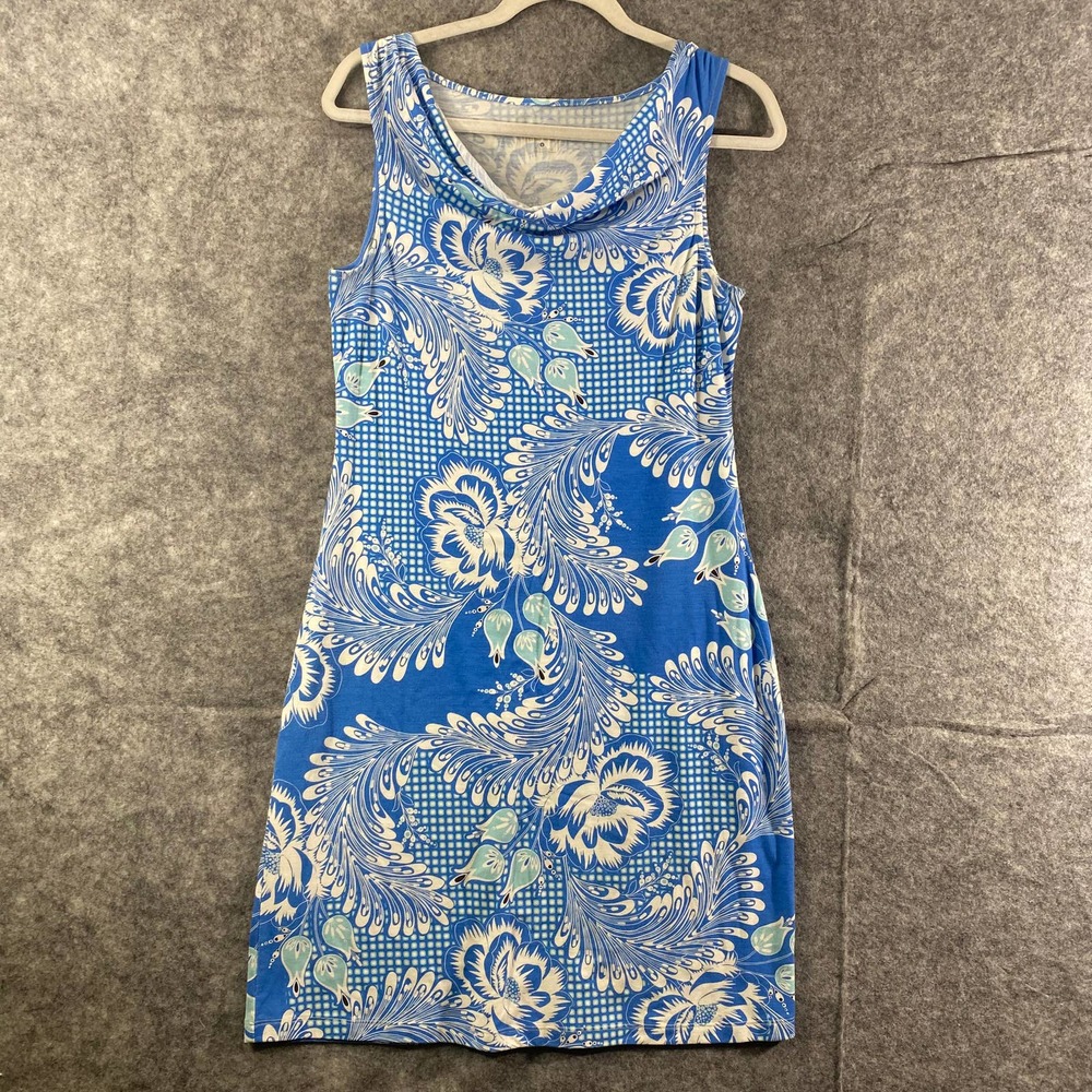 Title Nine Dress Small Blue Floral Printed Cowl Neck Performance Mini